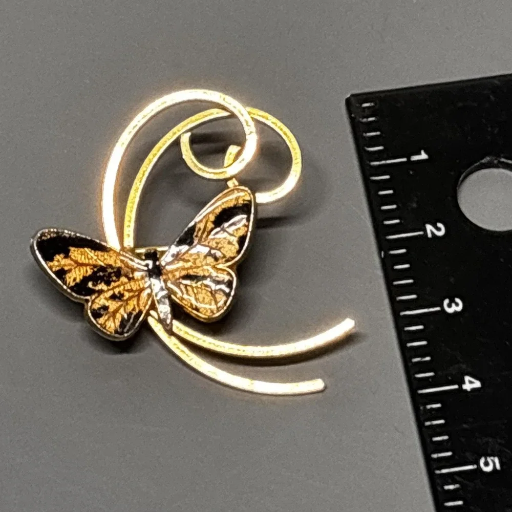 Butterfly Brooch Pin Gold Tone Black Enamel Swirl Design Costume Jewelry Fashion